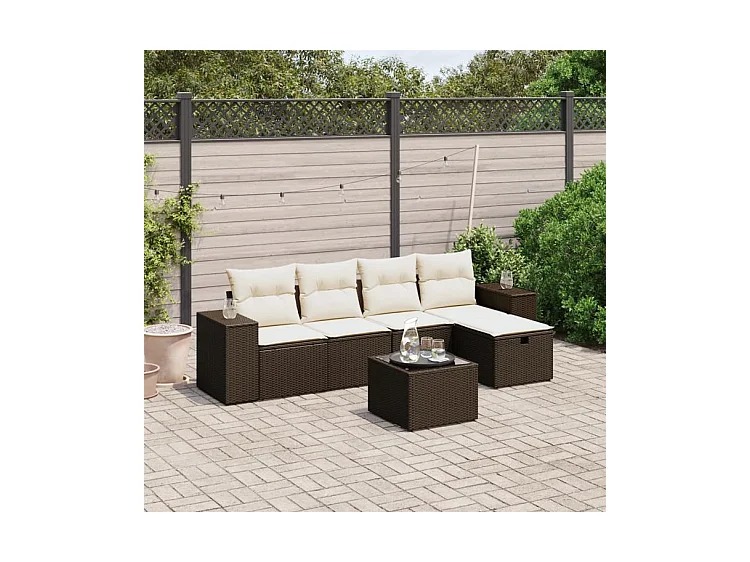 Salon de jardin avec coussins 6 pcs marron résine tressée