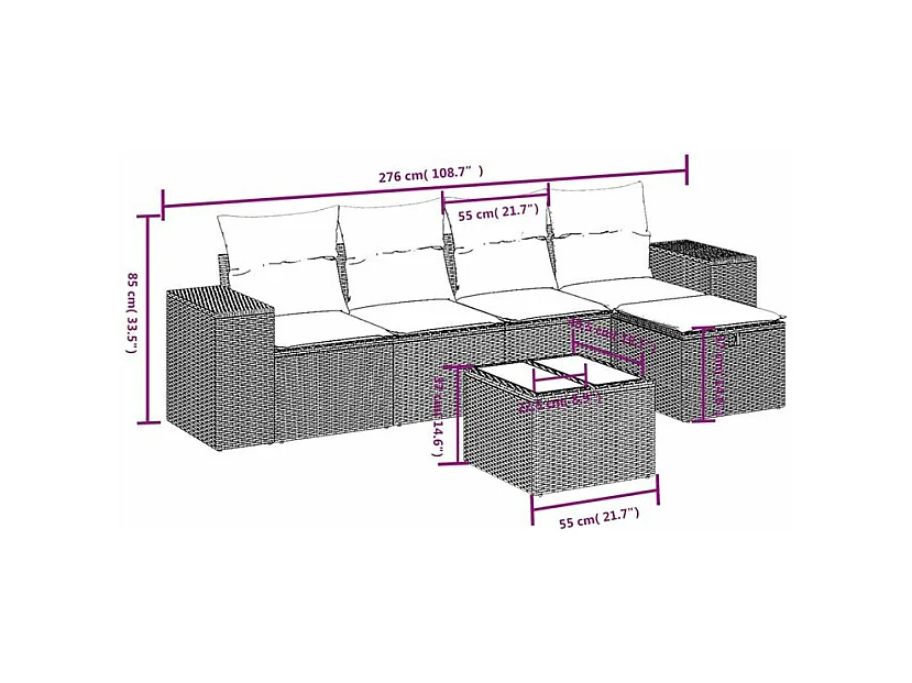 Salon de jardin avec coussins 6 pcs marron résine tressée