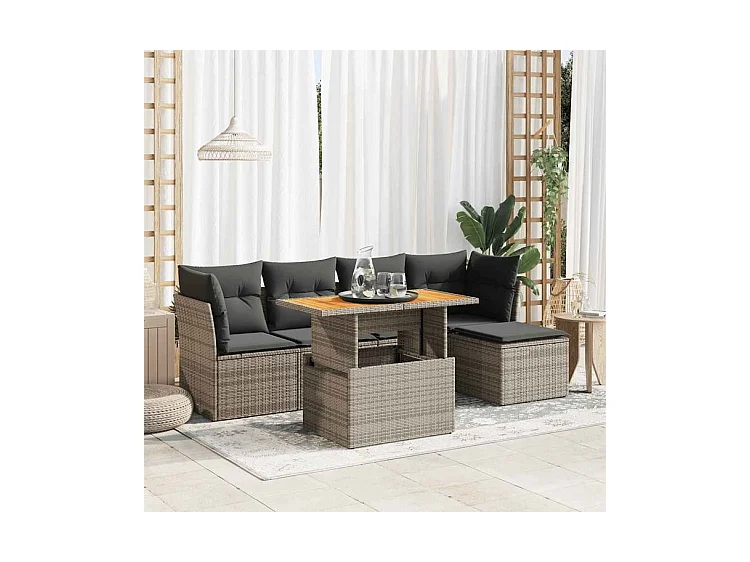 Salon de jardin 6 pcs avec coussins gris résine tressée