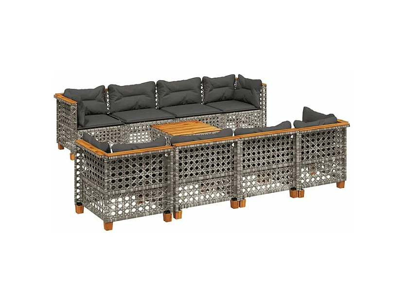 Salon de jardin 9 pcs avec coussins gris résine tressée