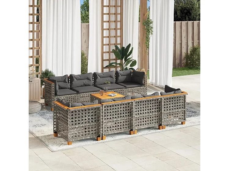Salon de jardin 9 pcs avec coussins gris résine tressée