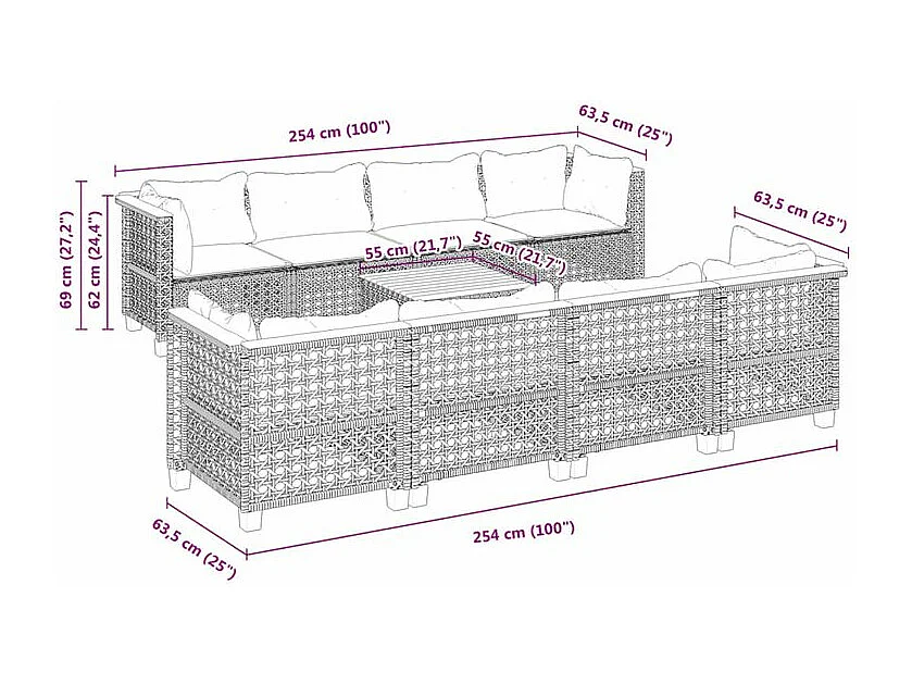 Salon de jardin 9 pcs avec coussins gris résine tressée