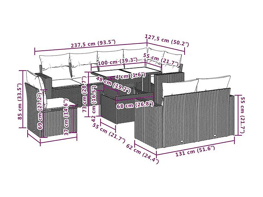 Salon de jardin avec coussins 9 pcs marron résine tressée