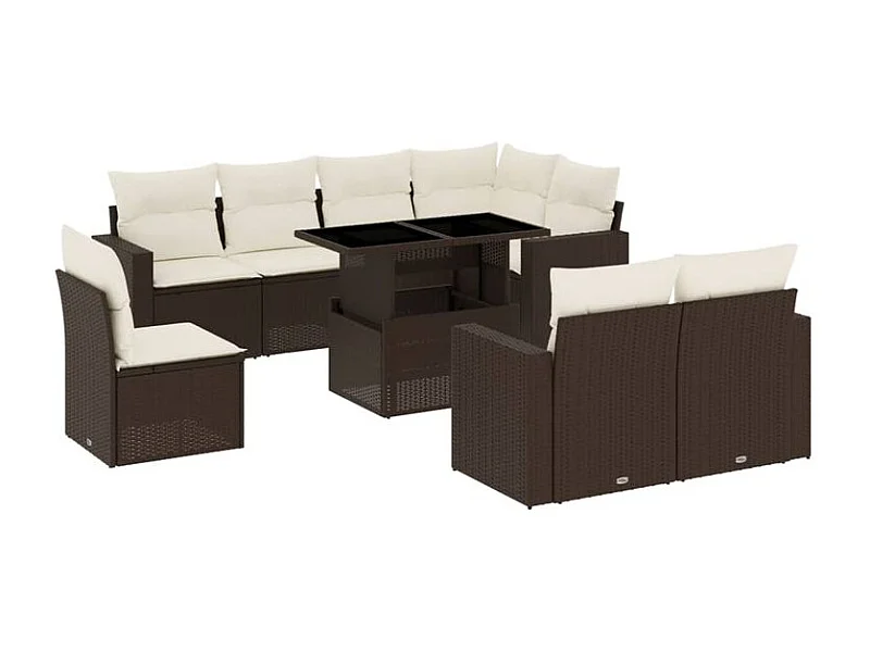Salon de jardin avec coussins 9 pcs marron résine tressée
