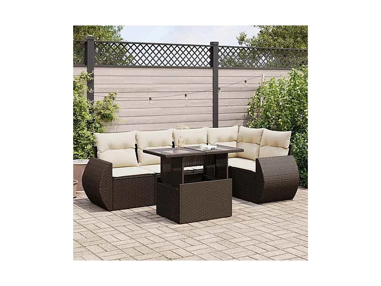 Salon de jardin avec coussins 6 pcs marron résine tressée