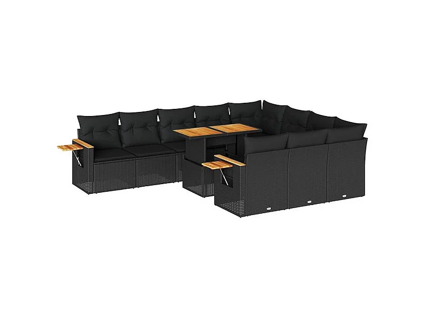 Salon de jardin 10 pcs avec coussins noir résine tressée acacia