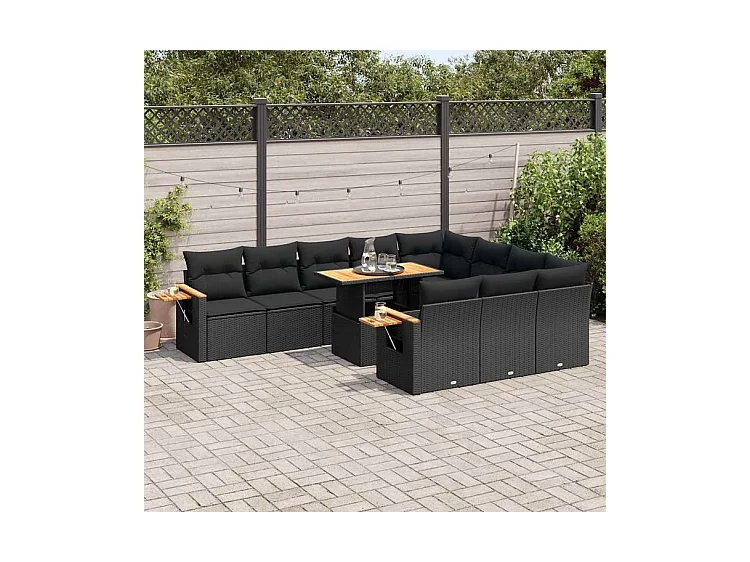 Salon de jardin 10 pcs avec coussins noir résine tressée acacia