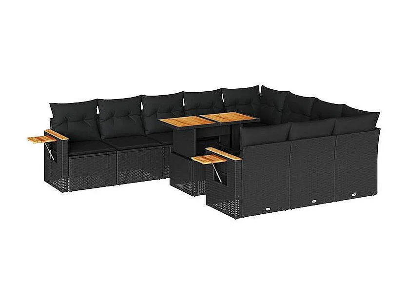 Salon de jardin 10 pcs avec coussins noir résine tressée acacia
