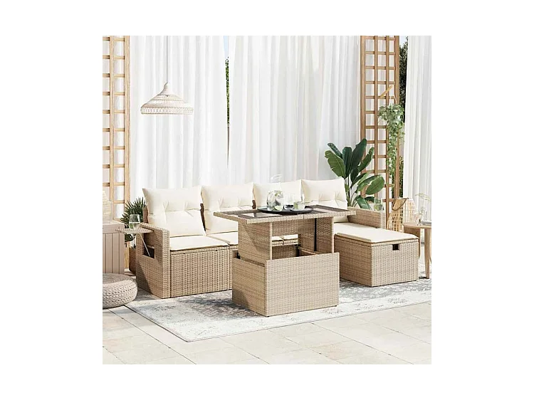 Salon de jardin avec coussins 6 pcs beige résine tressée