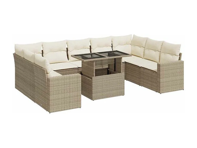 Salon de jardin avec coussins 10 pcs beige résine tressée