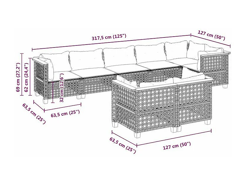 Salon de jardin 8 pcs avec coussins gris résine tressée