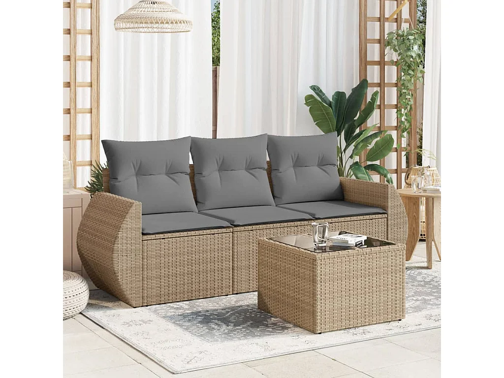 Salon de jardin avec coussins 4 pcs beige résine tressée