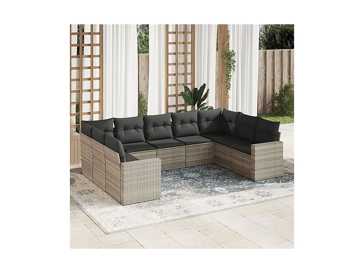 Salon de jardin 9 pcs avec coussins gris clair résine tressée