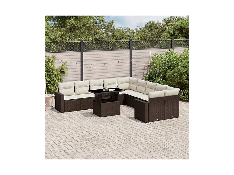 Salon de jardin et coussins 11 pcs marron résine tressée