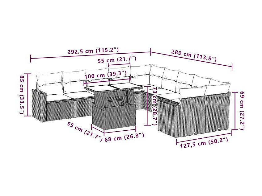 Salon de jardin et coussins 11 pcs marron résine tressée