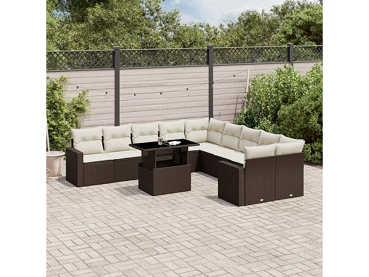 Salon de jardin et coussins 11 pcs marron résine tressée