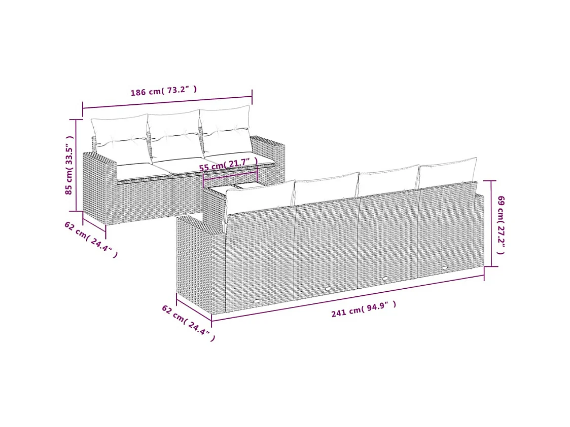 Salon de jardin avec coussins 8 pcs beige résine tressée