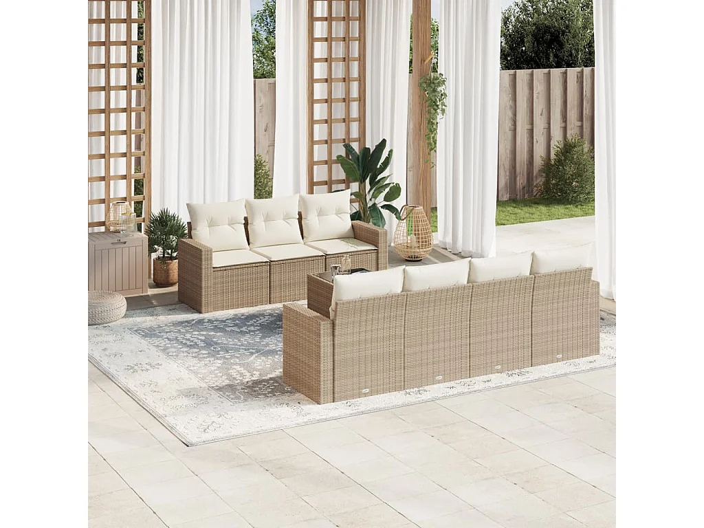 Salon de jardin avec coussins 8 pcs beige résine tressée