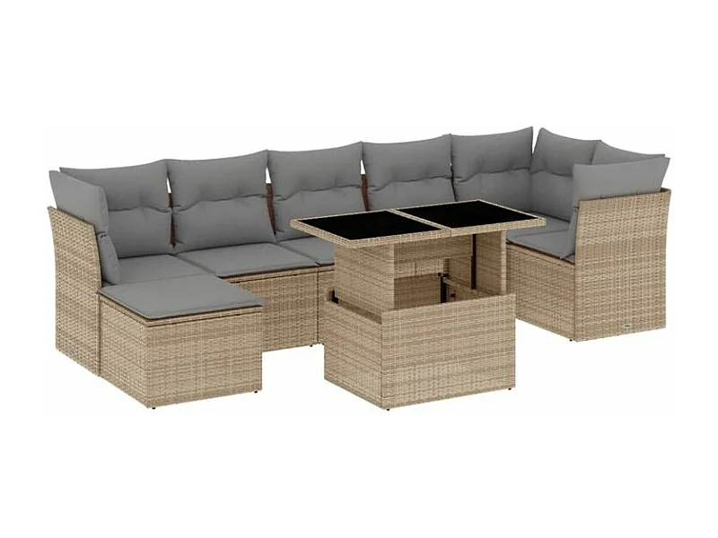 Salon de jardin avec coussins 8 pcs beige résine tressée