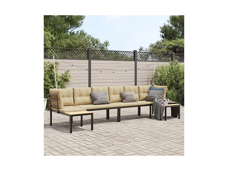 Salon de jardin avec coussins 4 pcs noir acier enduit de poudre