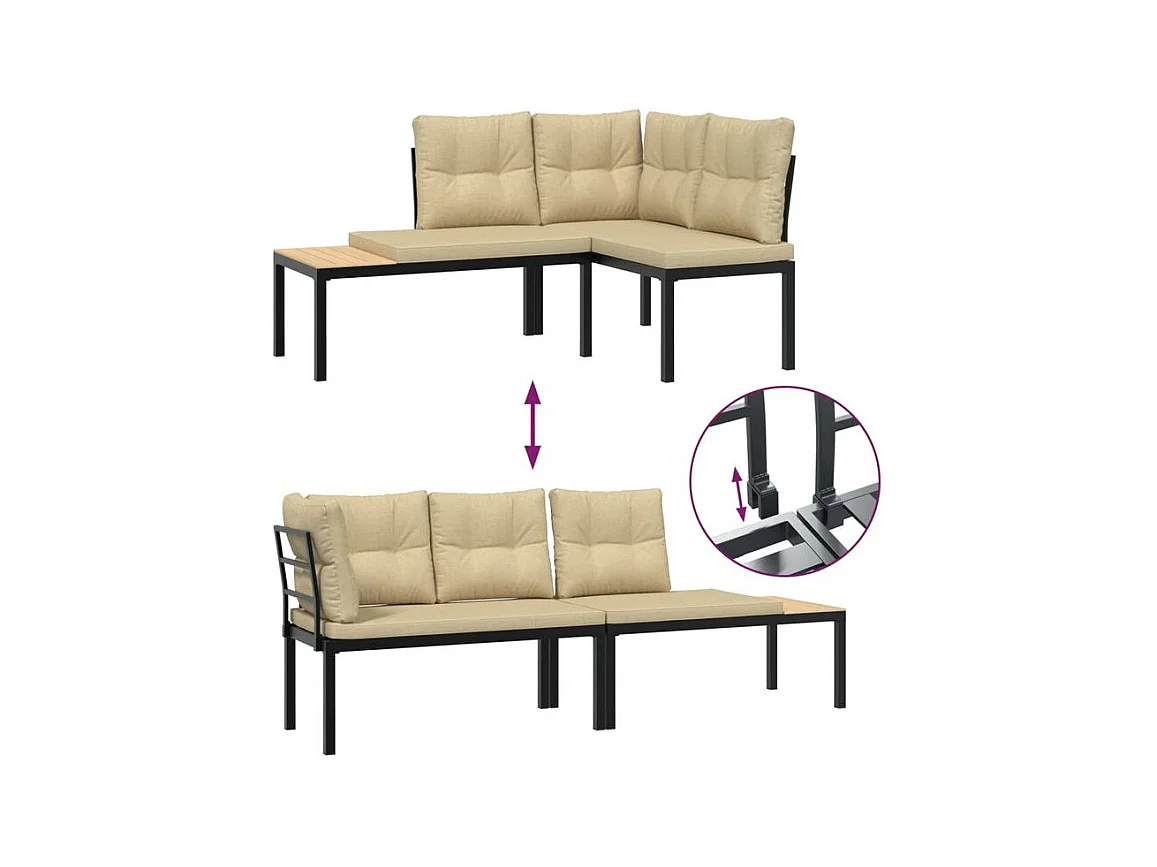 Salon de jardin avec coussins 4 pcs noir acier enduit de poudre