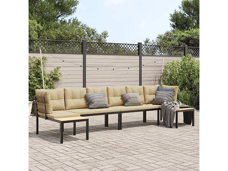Salon de jardin avec coussins 4 pcs noir acier enduit de poudre
