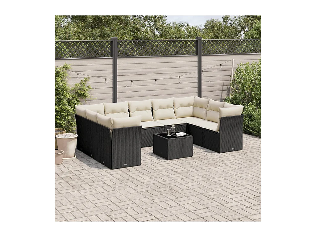 Salon de jardin 10 pcs avec coussins noir résine tressée