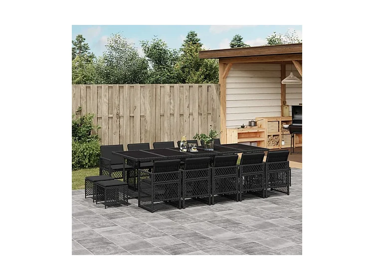 Ensemble à manger de jardin 15 pcs coussins noir résine tressée