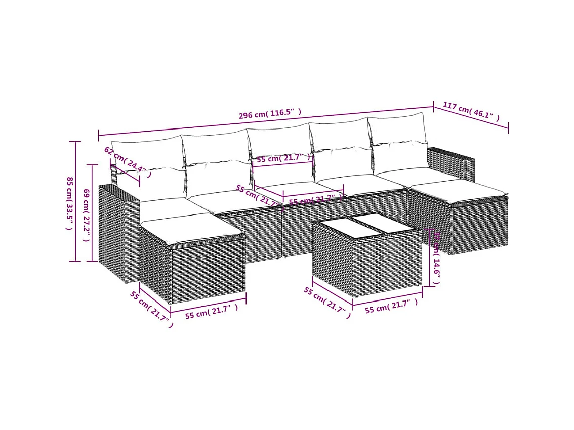 Salon de jardin 8 pcs avec coussins noir résine tressée