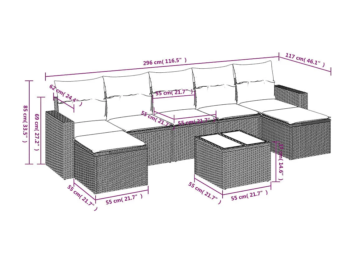 Salon de jardin 8 pcs avec coussins noir résine tressée