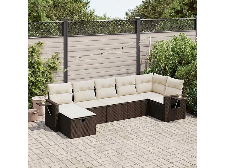 Salon de jardin avec coussins 7 pcs marron résine tressée