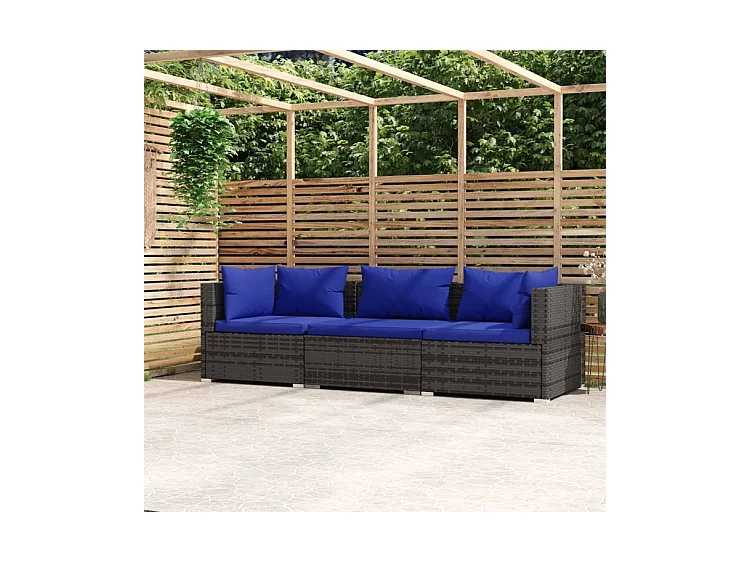 Canapé 3 places avec coussins Gris Résine tressée