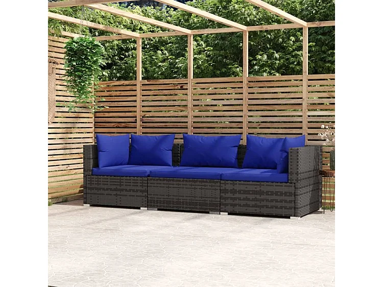 Canapé 3 places avec coussins Gris Résine tressée