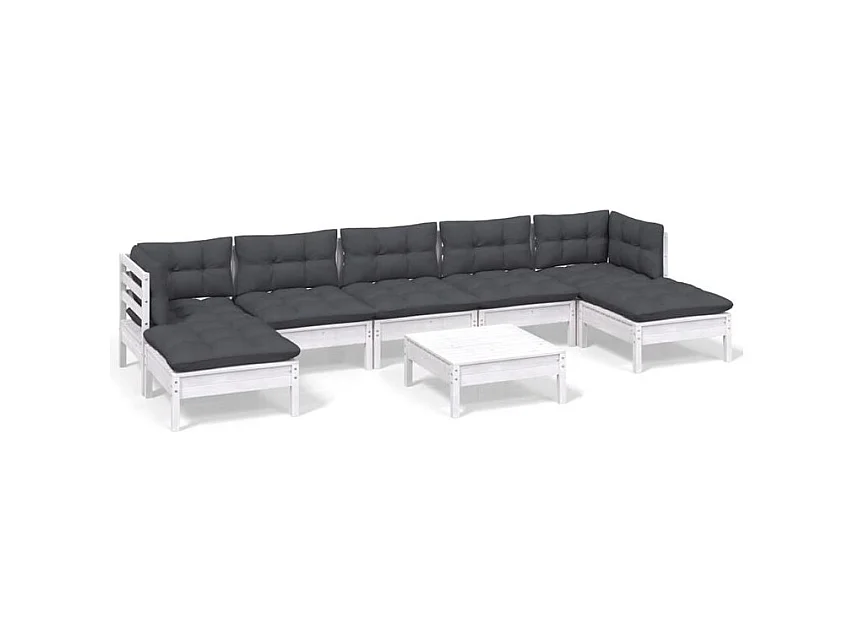 Salon de jardin 8 pcs avec coussins blanc bois de pin