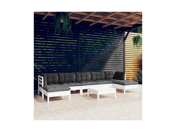 Salon de jardin 8 pcs avec coussins blanc bois de pin