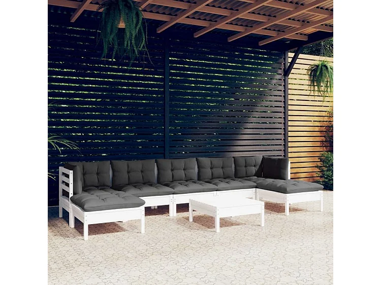 Salon de jardin 8 pcs avec coussins blanc bois de pin