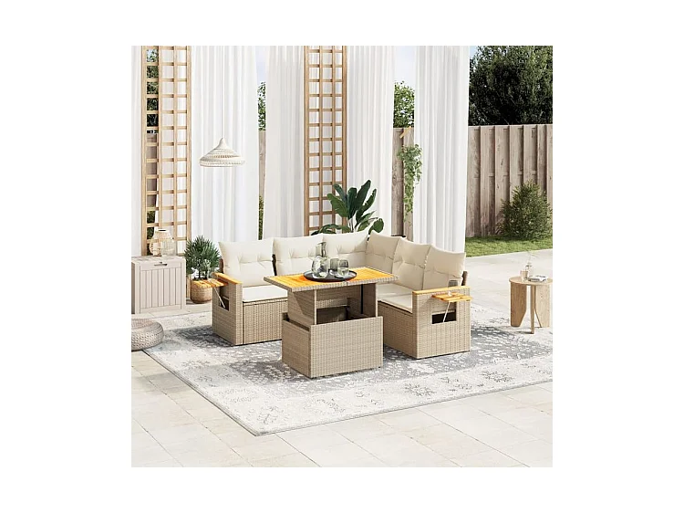 Salon de jardin avec coussins 6 pcs beige résine tressée