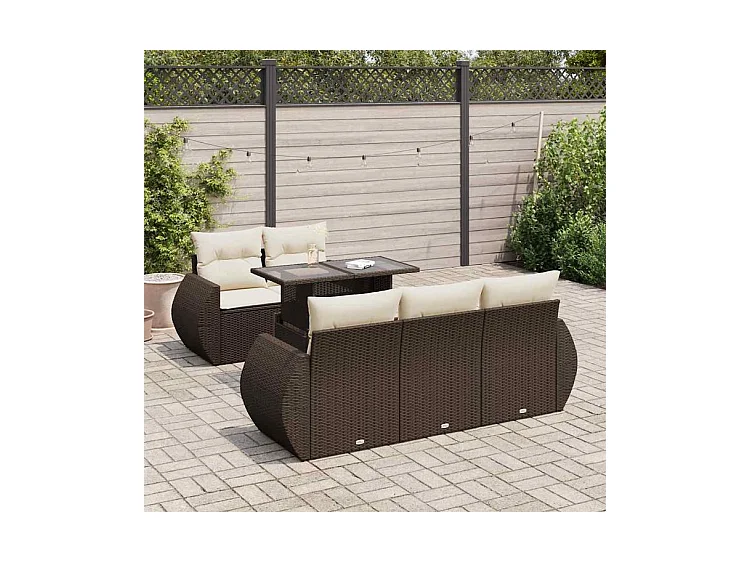 Salon de jardin avec coussins 6 pcs marron résine tressée