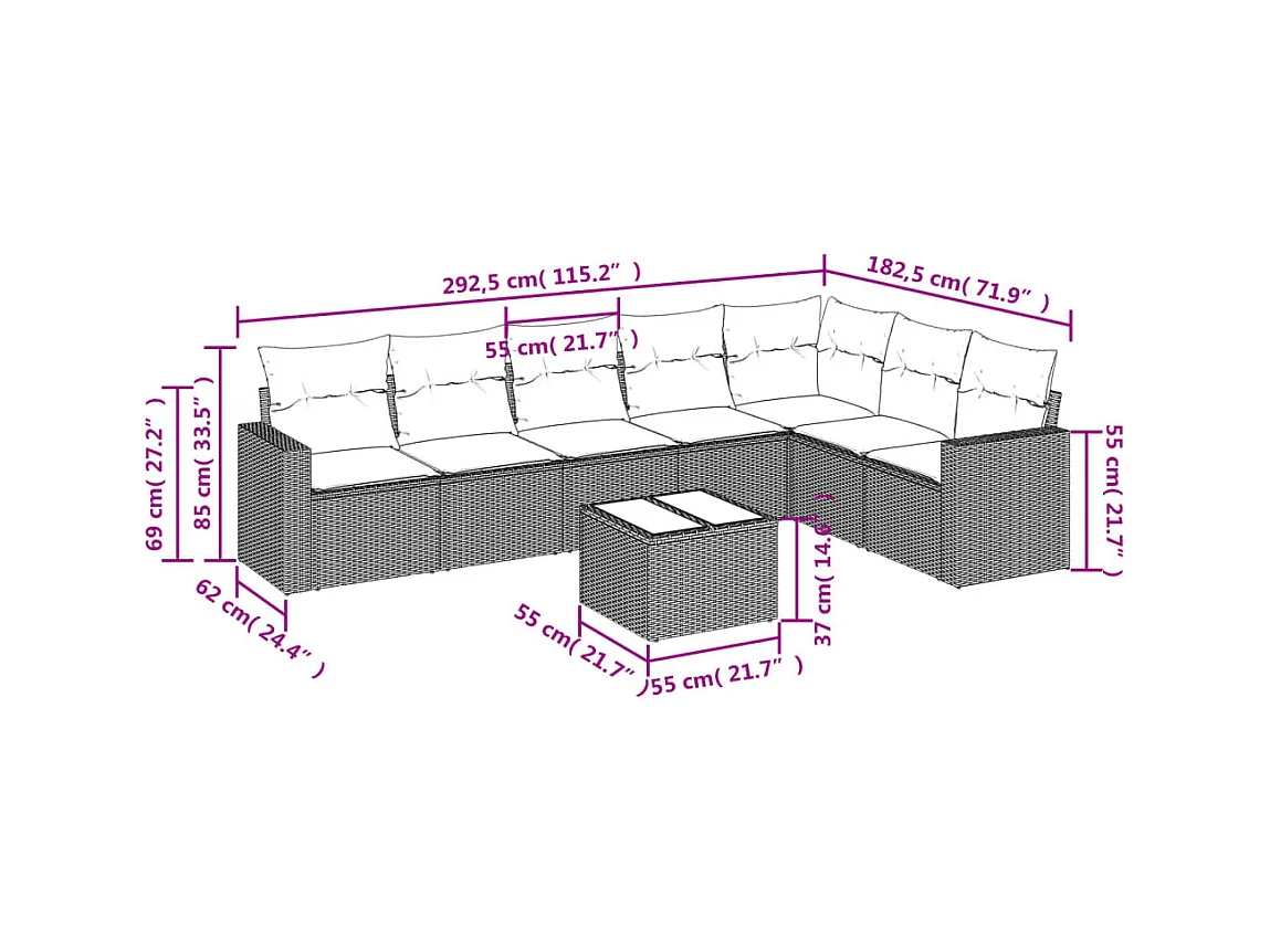 Salon de jardin avec coussins 8 pcs beige résine tressée