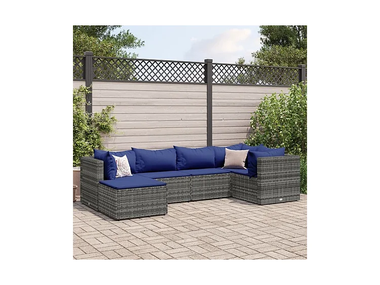Salon de jardin 6 pcs avec coussins Gris Résine tressée
