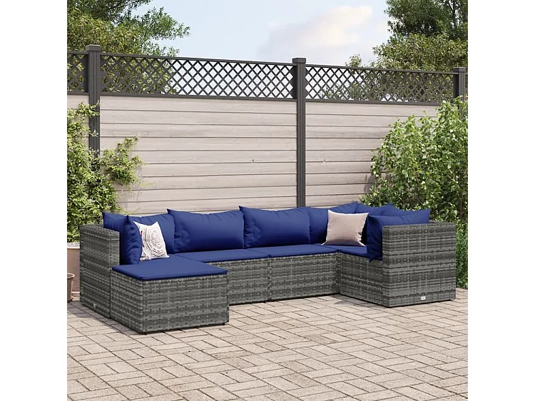 6-delige Loungeset met kussens poly rattan grijs