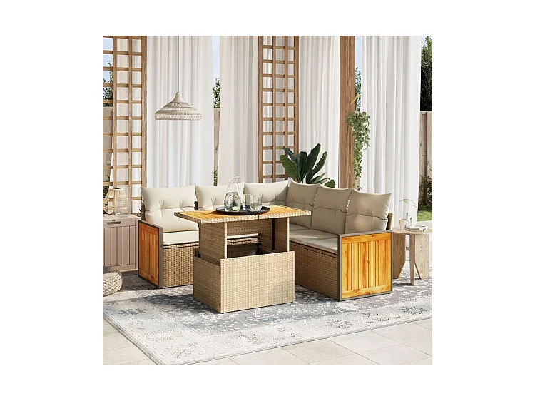 Salon de jardin avec coussins 6 pcs beige résine tressée