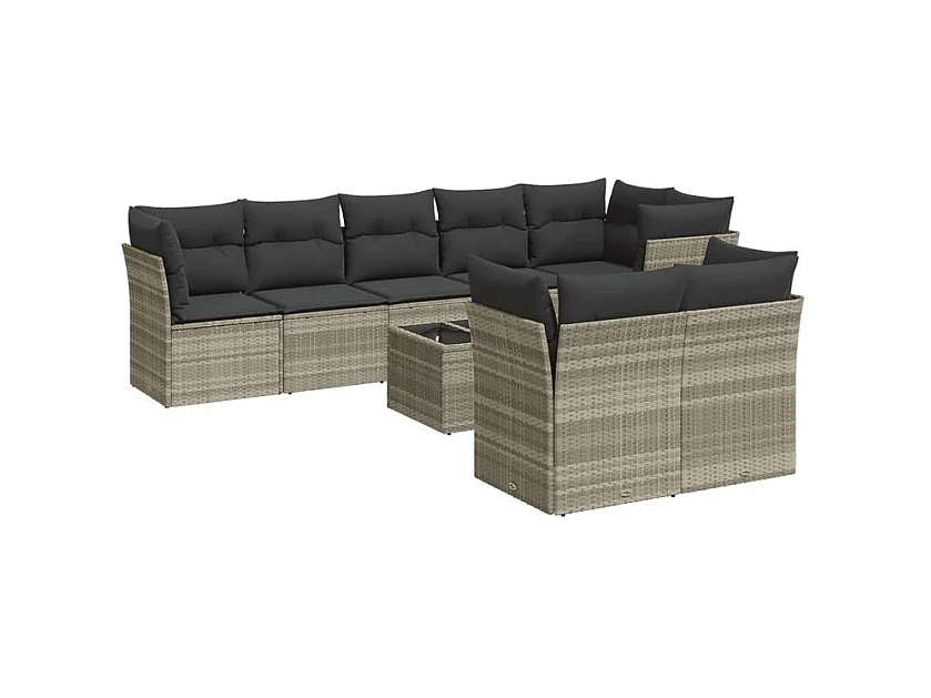 Salon de jardin 9 pcs avec coussins gris clair résine tressée