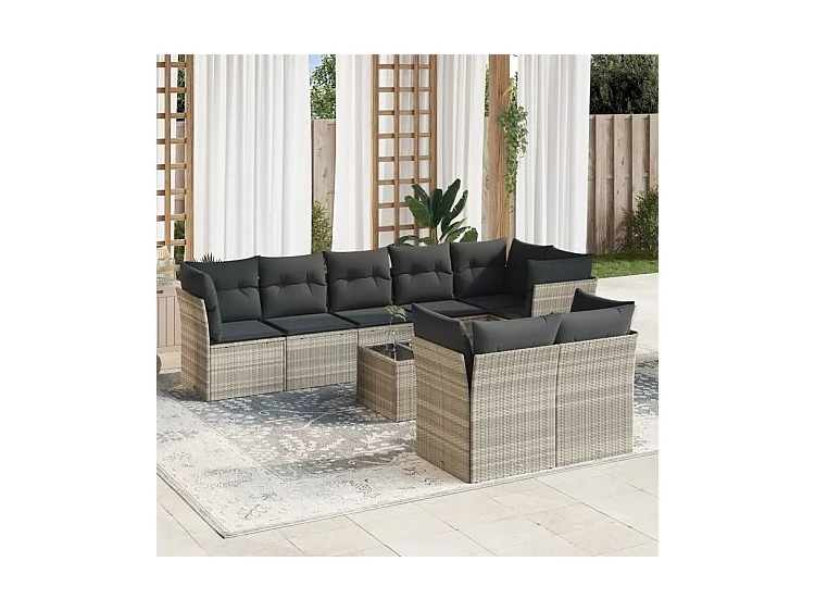 Salon de jardin 9 pcs avec coussins gris clair résine tressée
