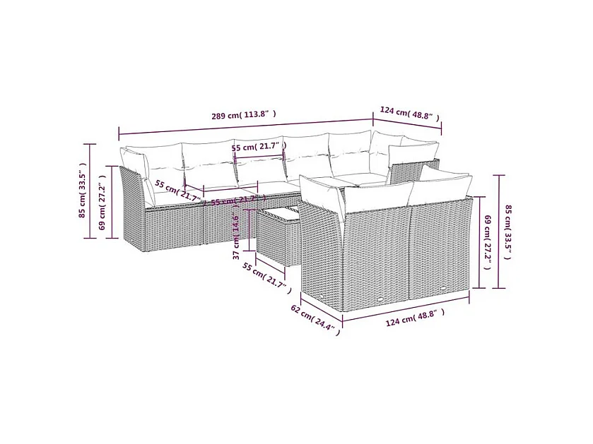 Salon de jardin 9 pcs avec coussins gris clair résine tressée