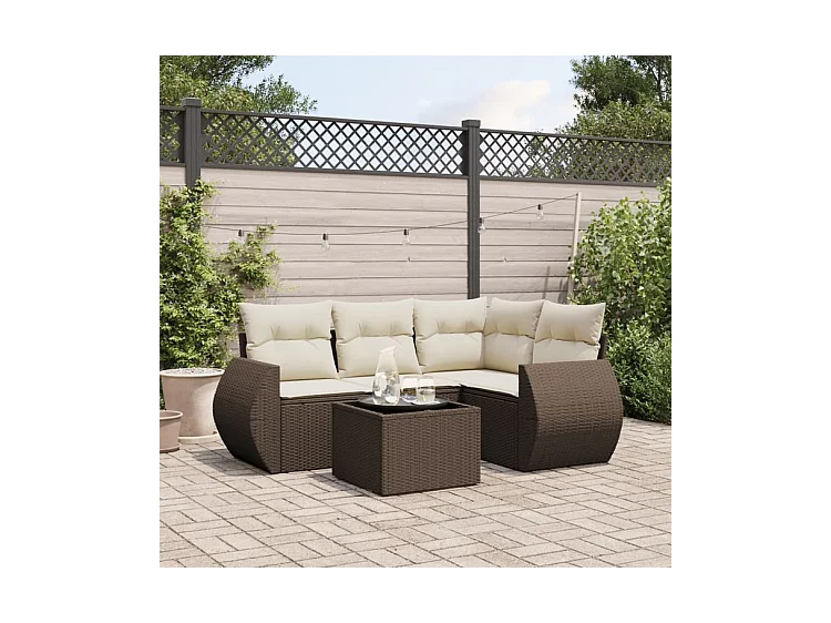 Salon de jardin avec coussins 5 pcs marron résine tressée
