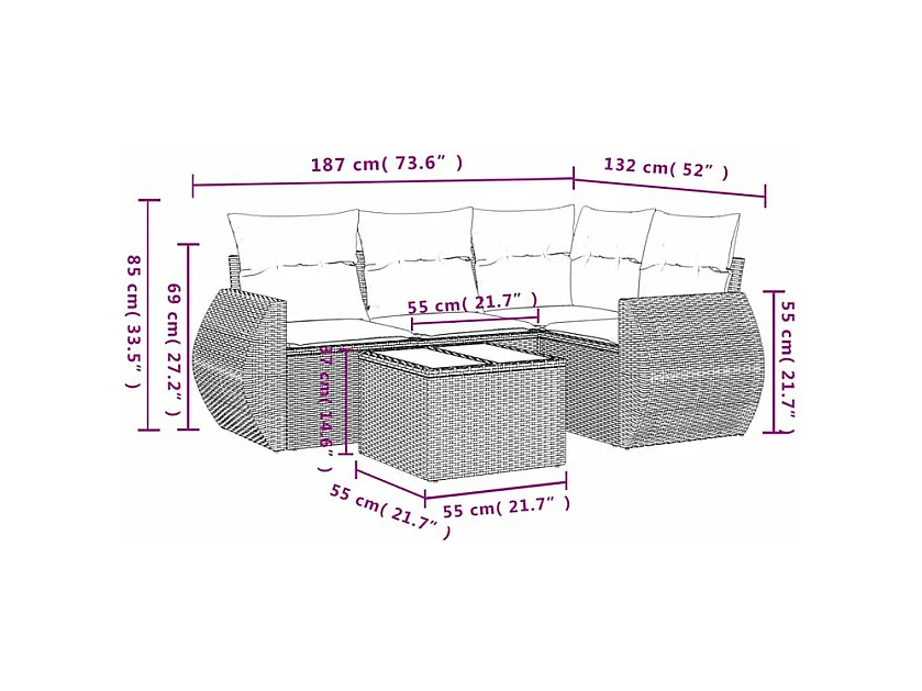 Salon de jardin avec coussins 5 pcs marron résine tressée