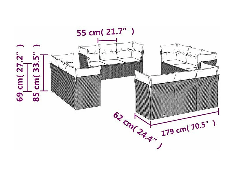 Salon de jardin avec coussins 12 pcs gris clair résine tressée