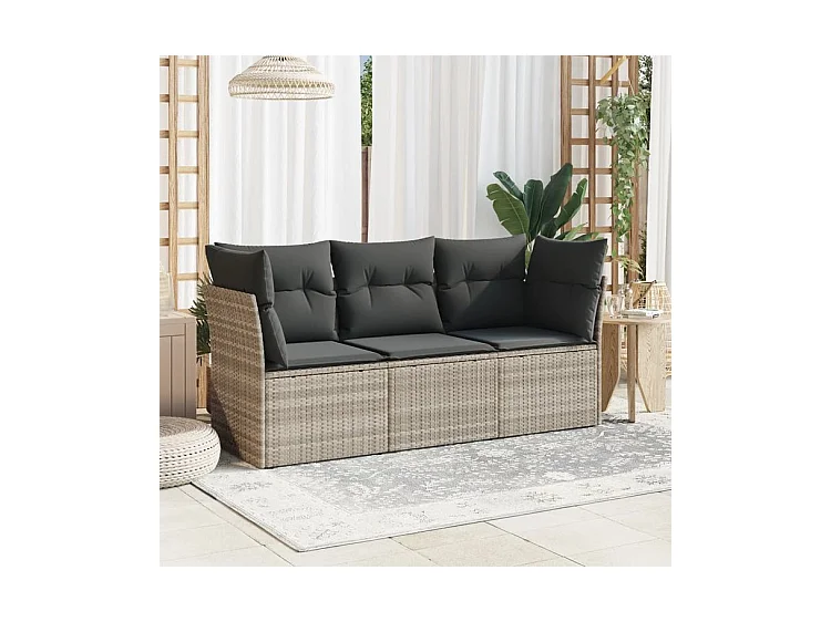 Salon de jardin avec coussins 3 pcs gris clair résine tressée