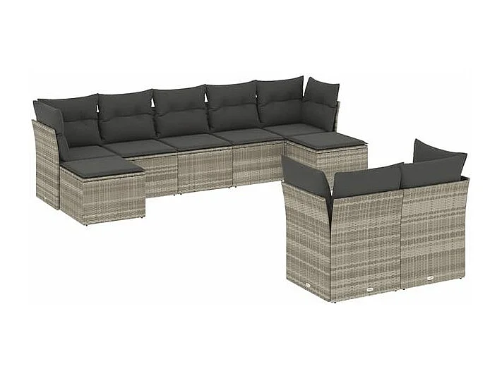 Salon de jardin 9 pcs avec coussins gris clair résine tressée
